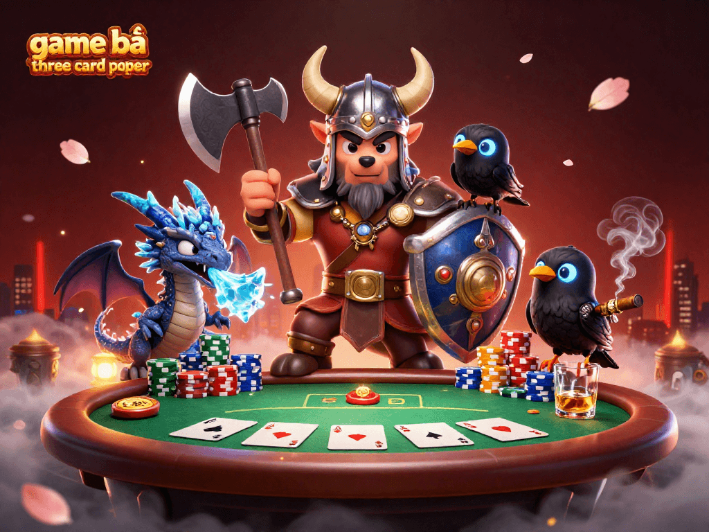 Strategically engaging scene capturing game bài three card poker with detailed characters and vibrant poker elements.