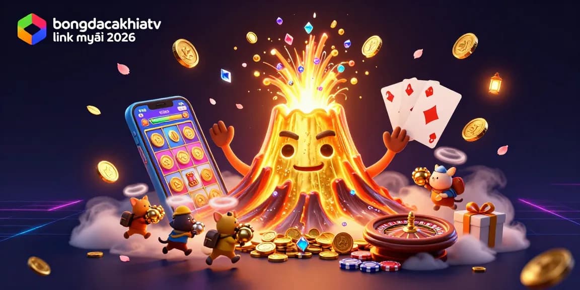 Experience the thrill of gambling with the vibrant scene of bongdacakhiatv link mới 2026 showcasing a golden volcano and treasure.