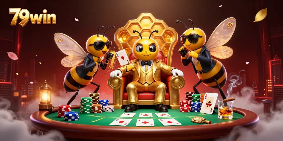 Engage in thrilling poker strategies with 79win's exciting casino scene featuring cartoon characters.