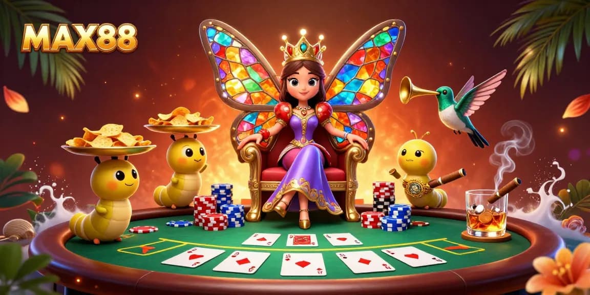 Engage with MAX88 at a vibrant casino table featuring a butterfly queen and poker chips.