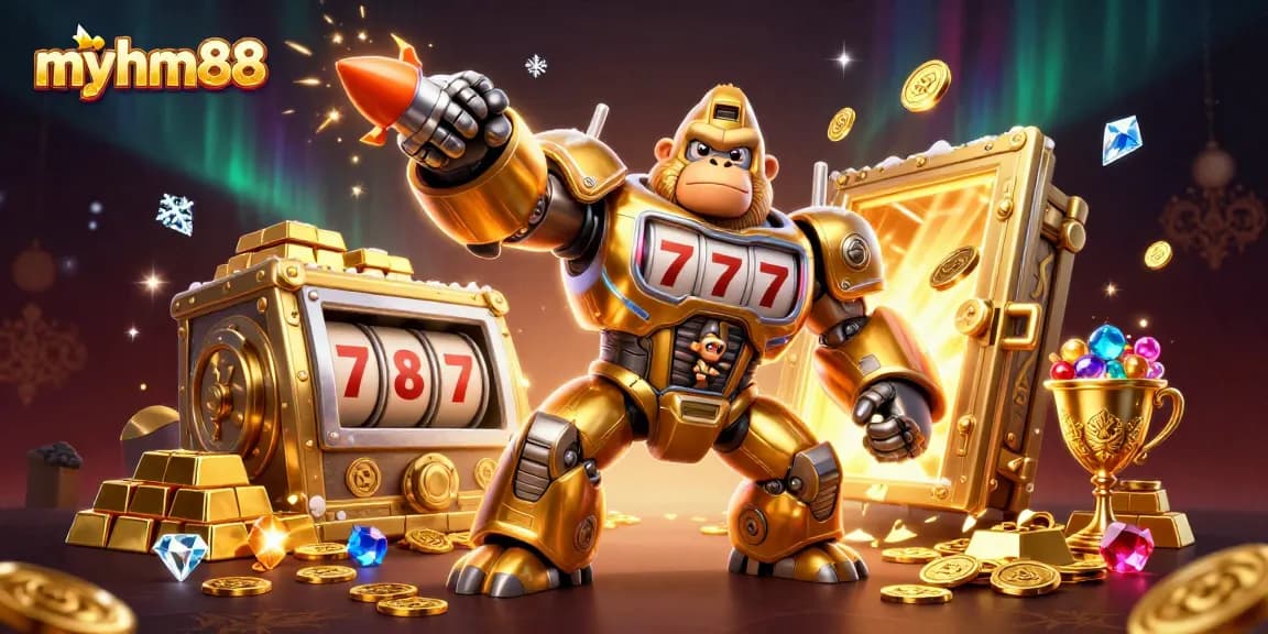 Watch myhm88's 3D golden gorilla mech triumphantly bursting through coins in a vibrant casino scene.
