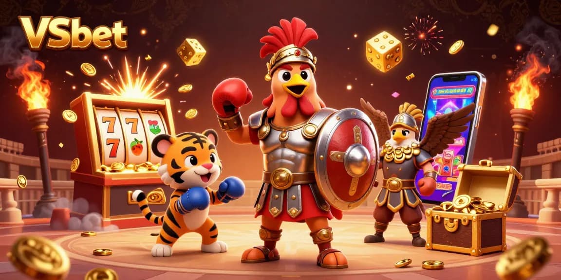 Engage in thrilling gambling experiences with VSbet's vibrant 3D casino scene showcasing lively characters and exciting game elements.