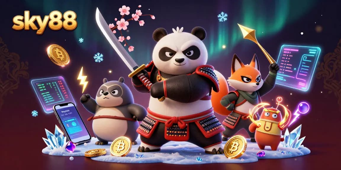 Engage with sky88's thrilling 3D casino art featuring samurai panda and ninja fox.