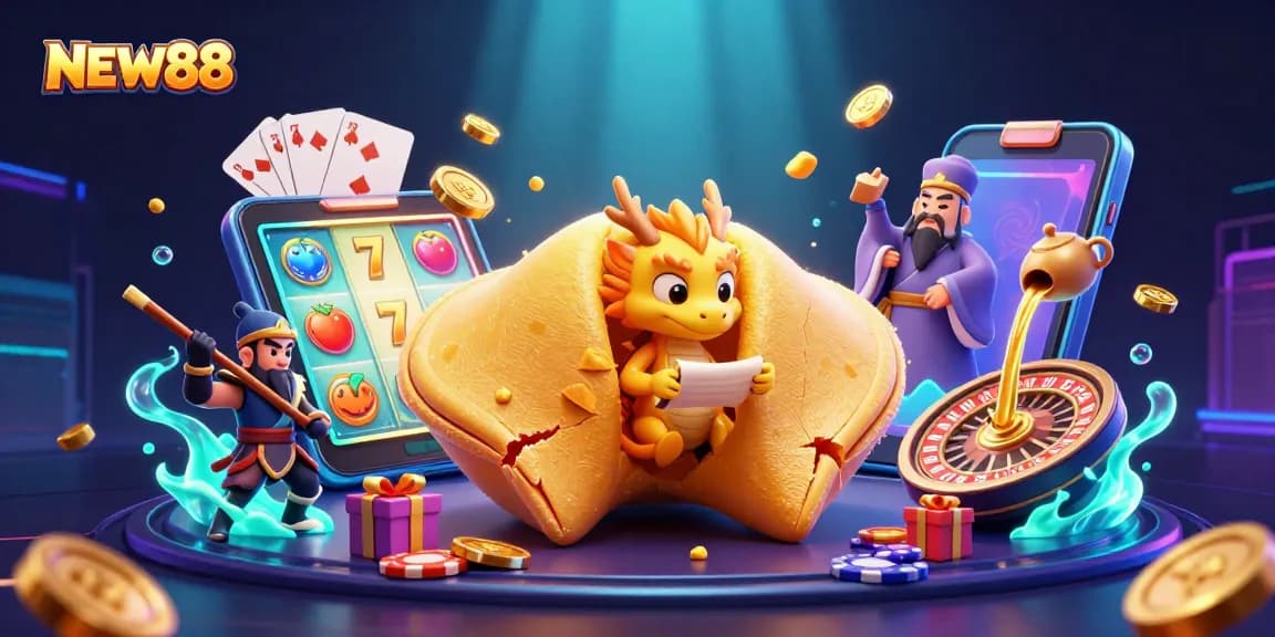 Experience NEW88 gaming insights through captivating 3D casino illustration packed with vibrant elements.