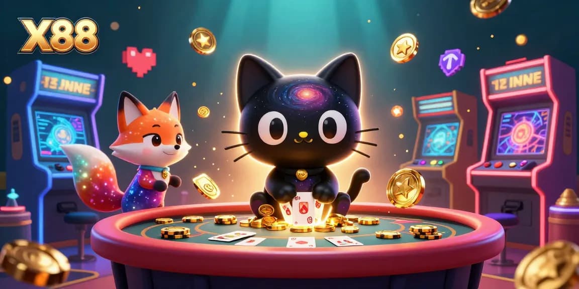 X88 creates an engaging atmosphere with a cosmic casino featuring a black hole cat and a nebula fox.