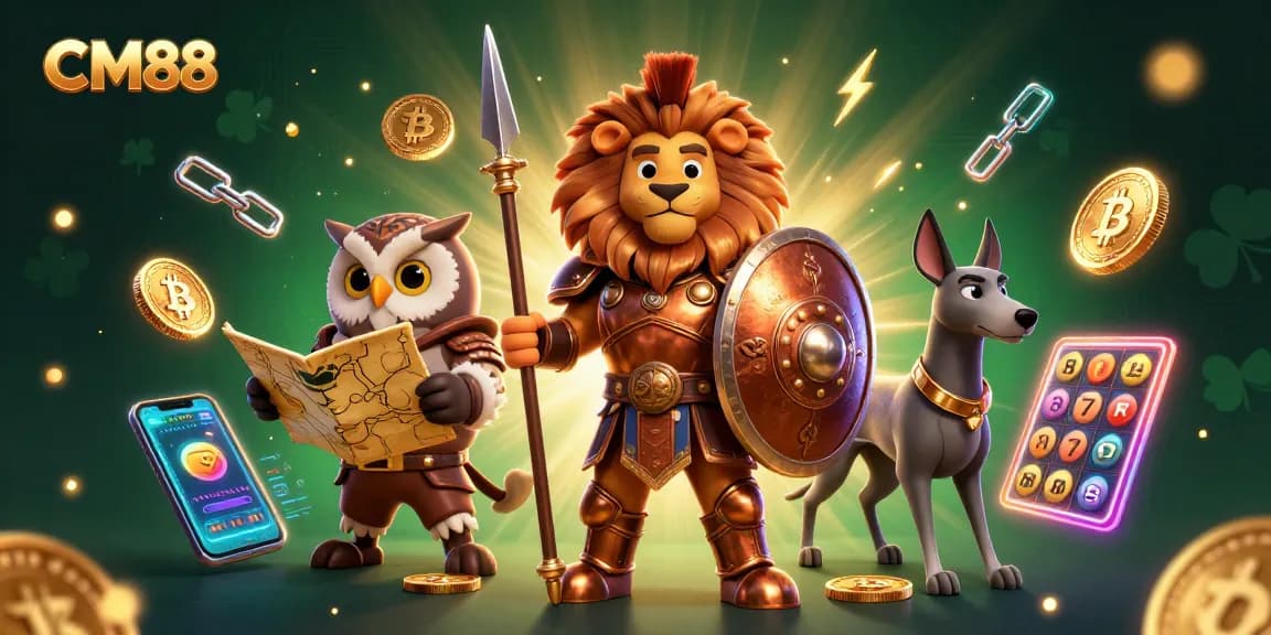 Engage in thrilling gaming with CM88's vibrant cartoon action featuring casino symbols and crypto elements.
