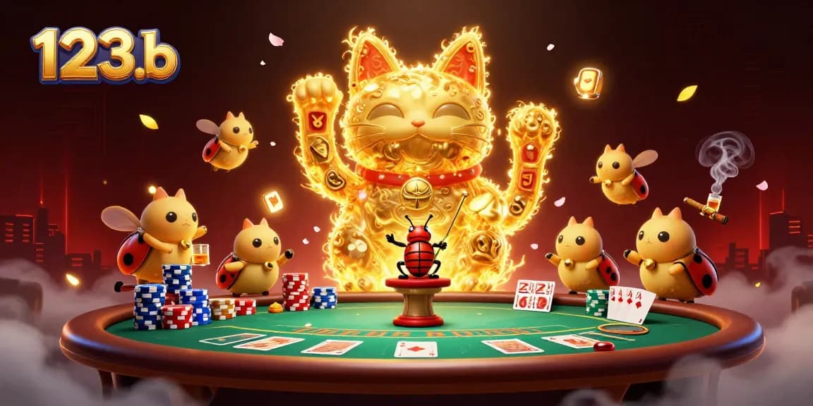 Experience the charm of 123b as a lucky cat surrounded by vibrant casino elements and poker excitement.