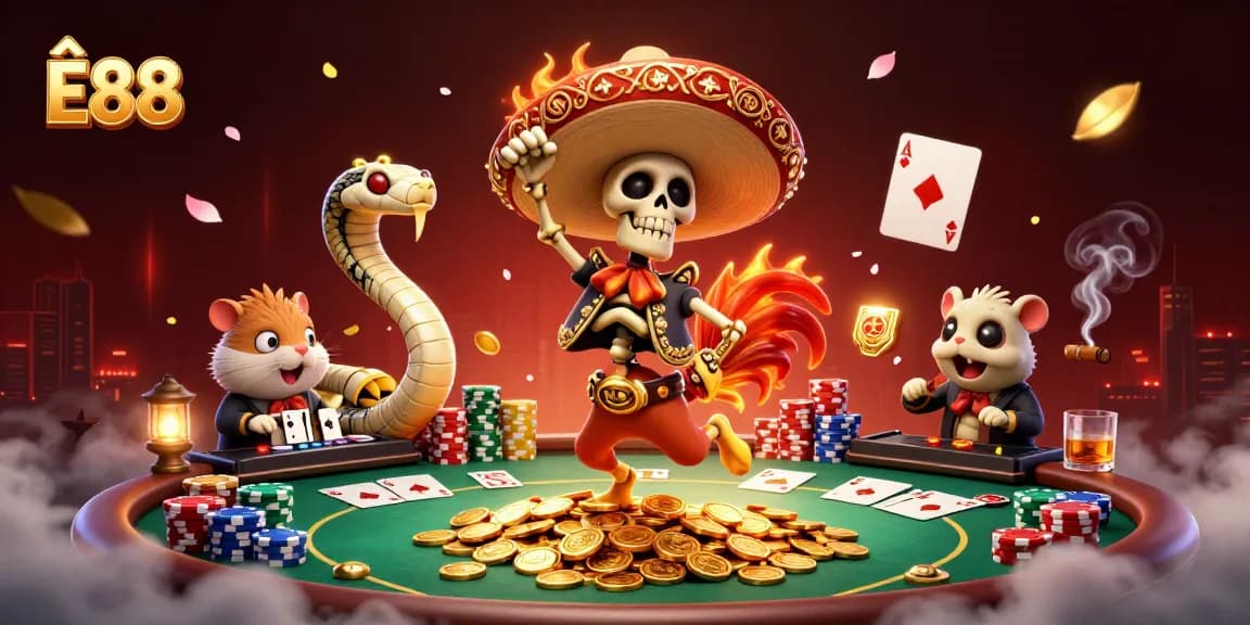 Experience thrilling poker action with Ê88, featuring a vibrant victory scene of a mariachi rooster amidst golden coins.