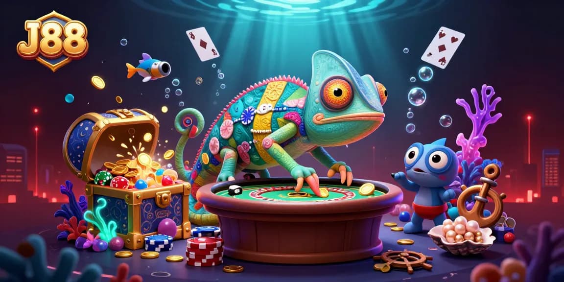 J88 casino owner chameleon gathers golden coins and treasures in a vibrant casino scene.