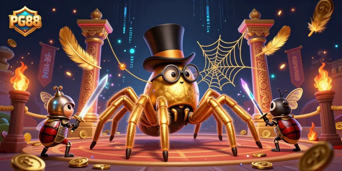 Experience thrilling adventures at PG88 with a golden tarantula and beetle knight in a vibrant casino scene.