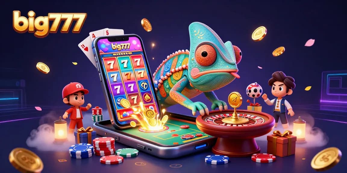 Experience excitement with big777 as colorful slot games and gold coins burst from a smartphone in a lively casino scene.