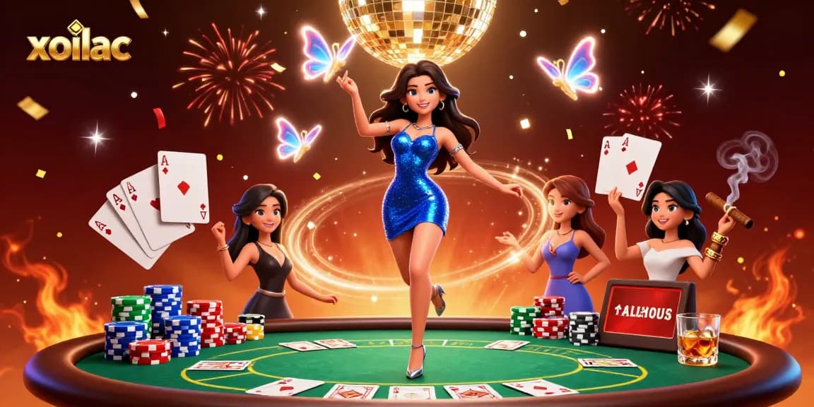 Experience the thrilling action of xoilac with vibrant poker elements and a lively dance scene.
