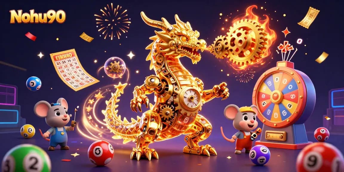 Nohu90 showcases exhilarating 3D gaming moments with a golden dragon and vibrant lottery elements.