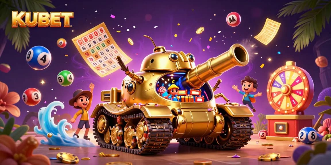 KUBET brings exciting casino adventures inside a golden beetle tank with vibrant gaming elements.