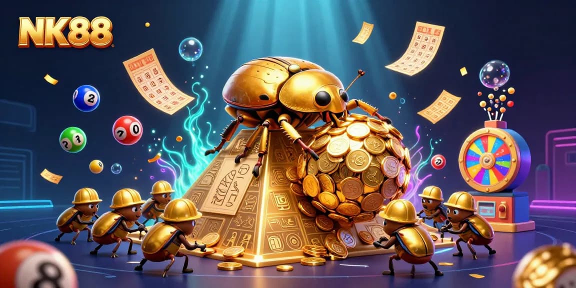 Experience exciting games and high rewards at NK88 in this dynamic 3D illustration.