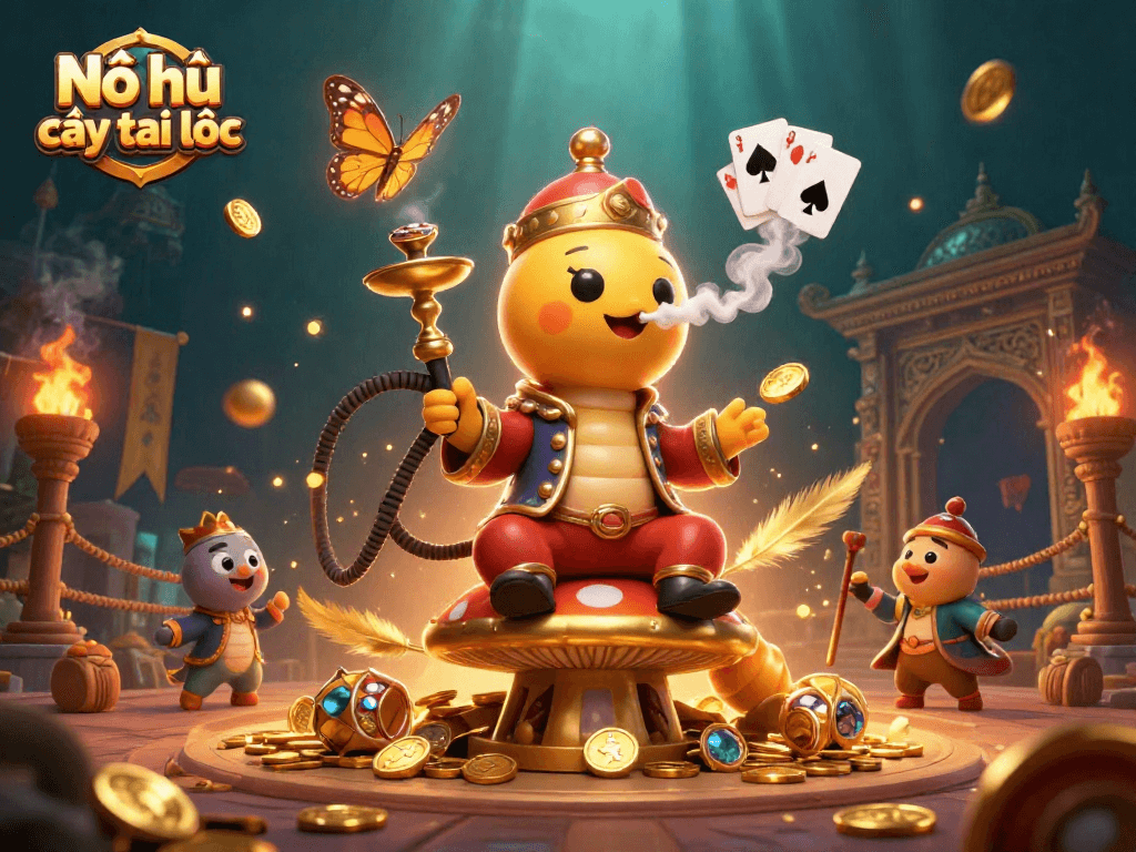 Nổ hũ cây tài lộc features a whimsical caterpillar in a Turkish outfit at a golden mushroom throne blowing poker symbols.