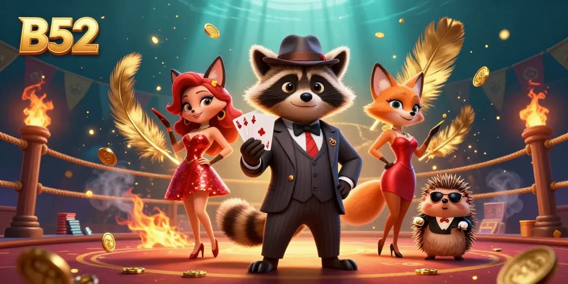 B52 players enjoy a vibrant casino atmosphere with raccoon holding a royal flush, showcasing thrilling gambling action.