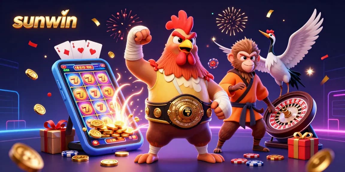 Engage with sunwin's vibrant casino excitement featuring a Muay Thai rooster and martial artists.