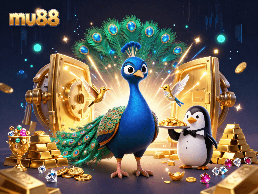 Experience mu88's vibrant casino thrills with a dazzling peacock, penguin butler, and hummingbird under golden treasure lights.