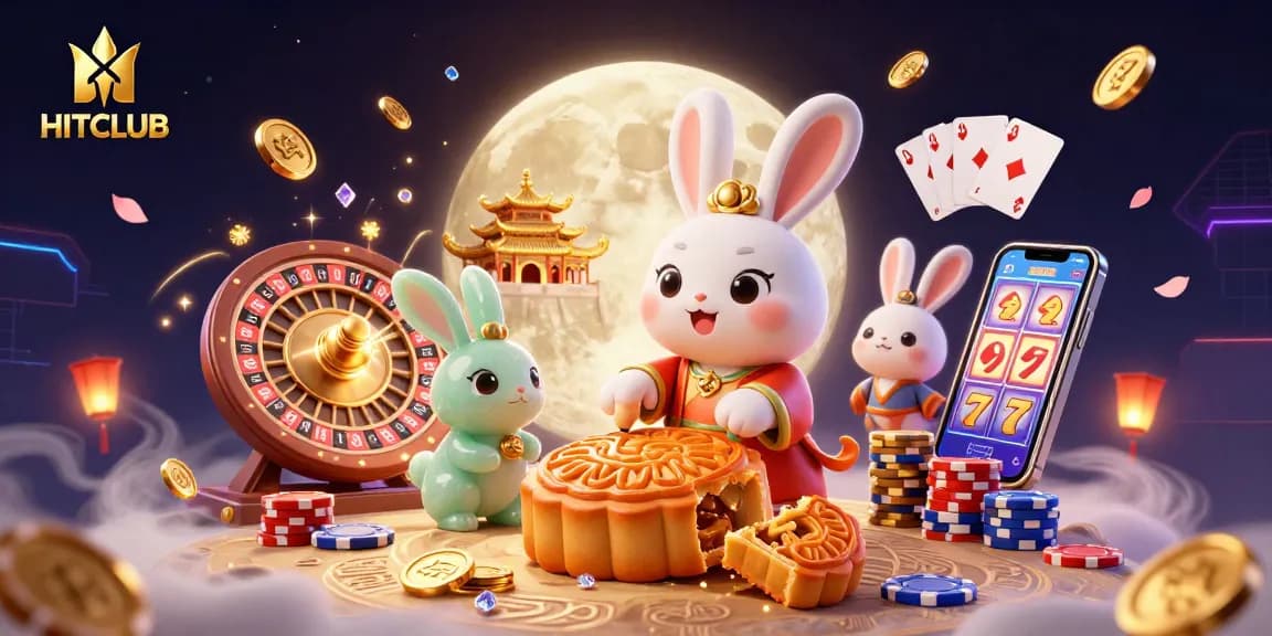 Experience HITCLUB's magical gaming world with a 3D illustration of a moon rabbit unlocking poker chips.