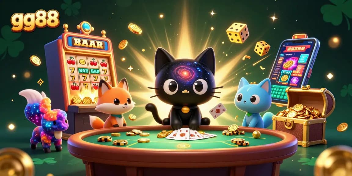 Experience the excitement of gg88 casino with a cosmic 3D scene of gambling treasures and playful characters.