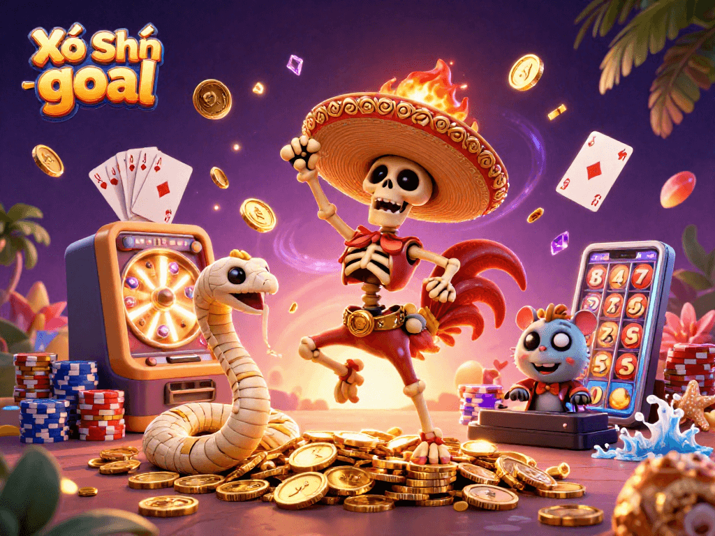 Engage in thrilling Xổ Số goal excitement with dynamic characters amidst sparkling lottery elements.