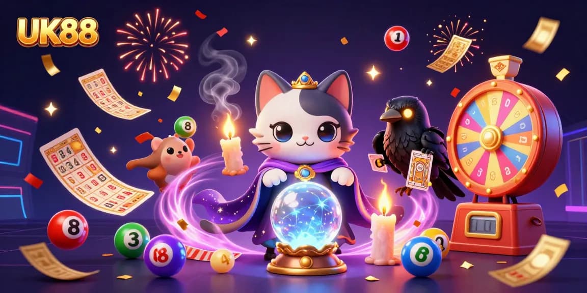 Engage with UK88 gaming magic featuring mystical characters, lottery elements, and vibrant celebration.