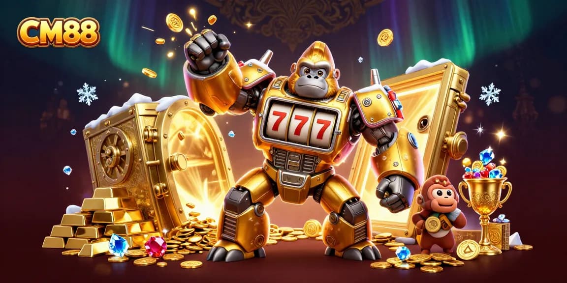 Engage with CM88 as the golden gorilla mech bursts coins in a dynamic casino adventure.