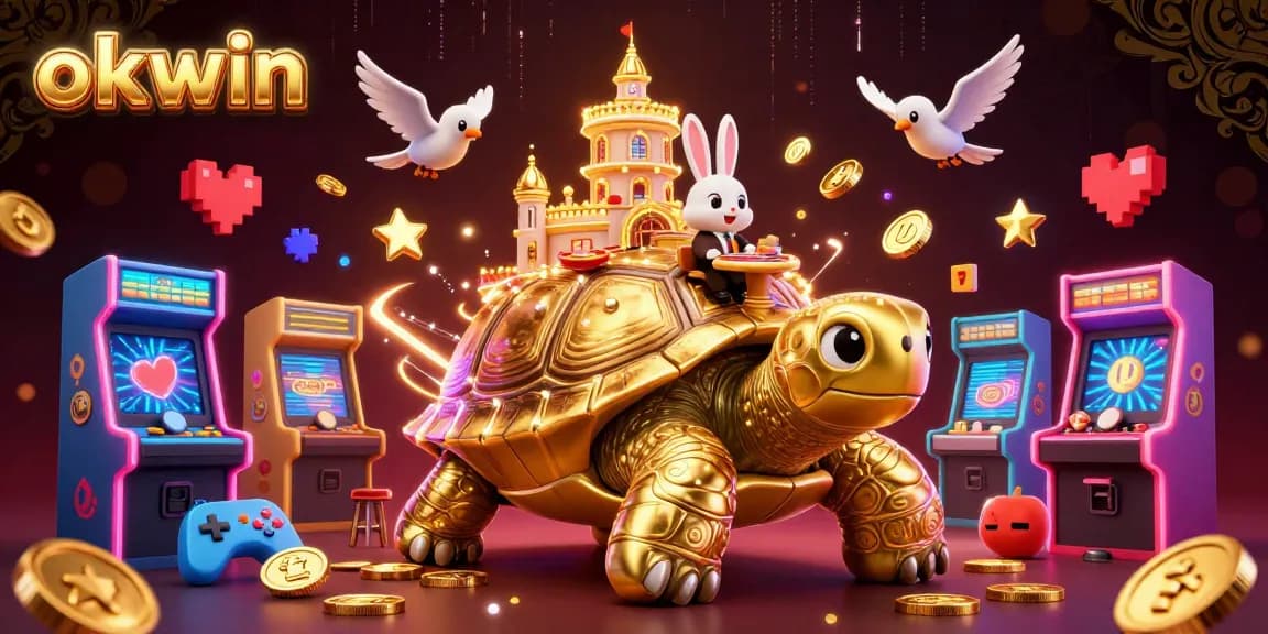 Engage in exciting games at okwin's vibrant casino scene featuring a golden tortoise, rabbit dealer, and flying coins.