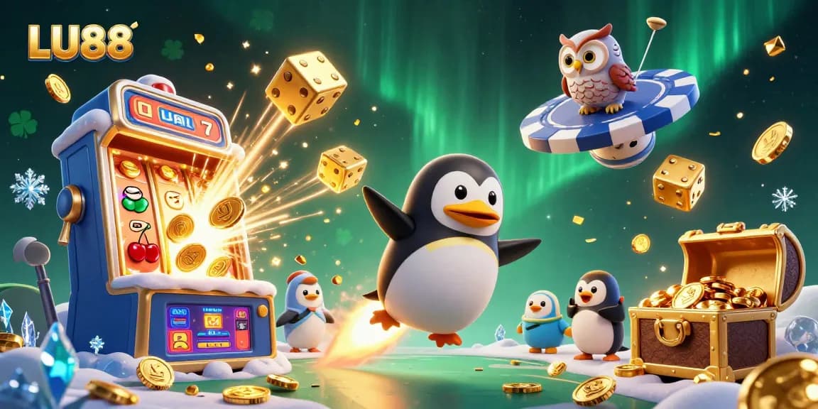 LU88 features a golden penguin and casino space station in dynamic gambling illustration.