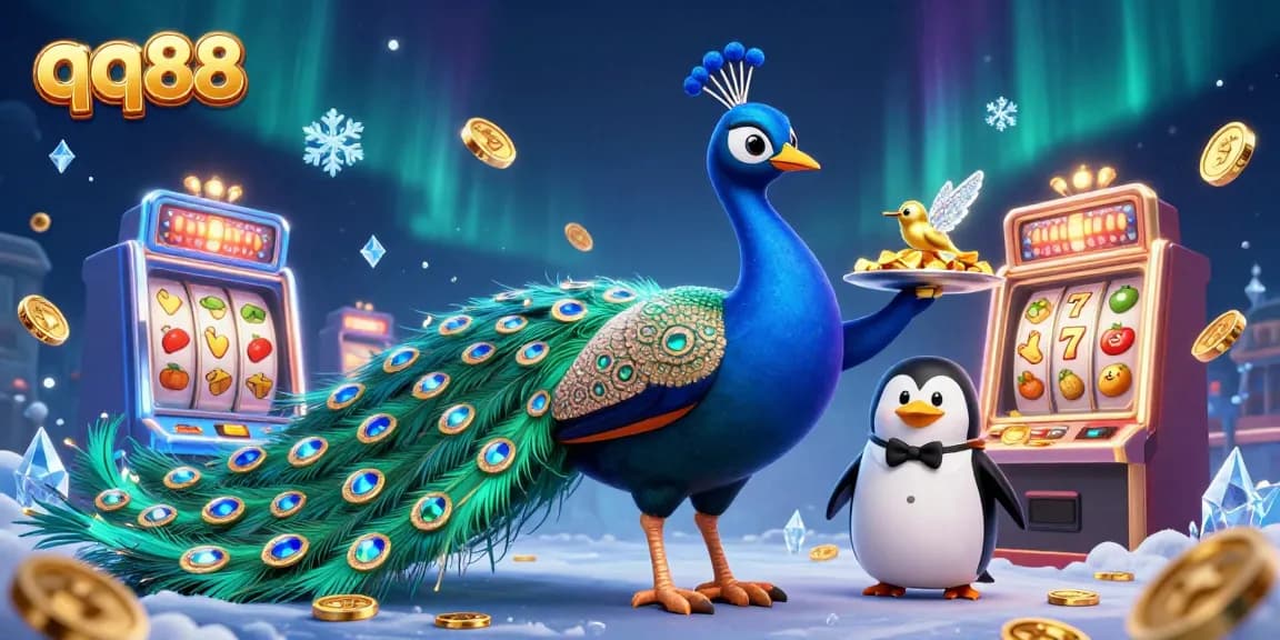 Experience thrilling slot adventures with QQ88's dazzling 3D illustration featuring a peacock, penguin, and breathtaking gems.