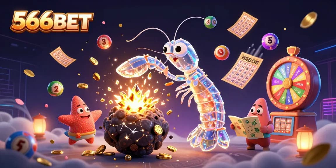Engage with 566BET featuring a vibrant scene where a galactic samurai mantis shrimp transforms an asteroid into gems amidst colorful gambling elements.