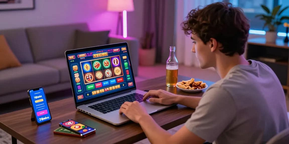 Engaged player on 78win gaming platform in vibrant living room atmosphere.