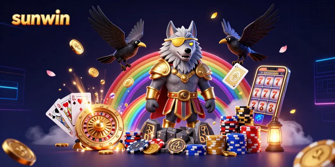 Win big at sunwin with this vibrant 3D illustration of Odin, slot symbols, and fortune elements!