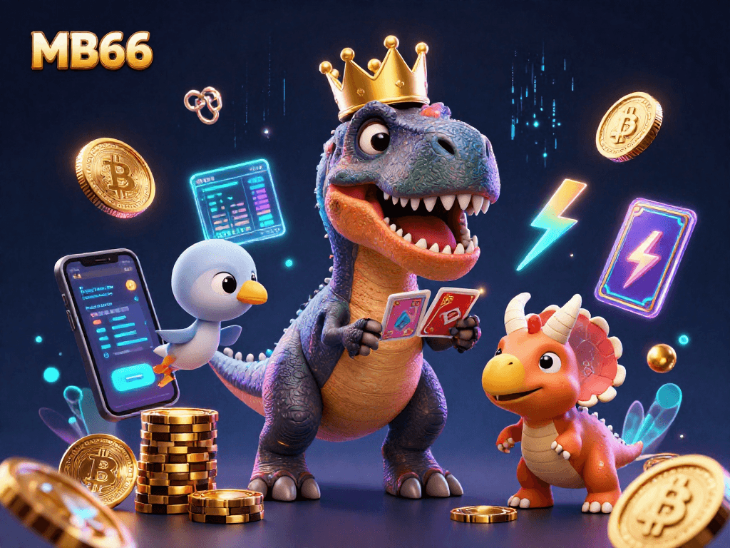 Play casino games with MB66 featuring a T-Rex shuffling cards and a baby triceratops stacking chips.