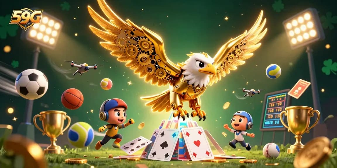 Experience thrilling gaming at 59G, featuring a cybernetic eagle soaring through cards and sports elements
