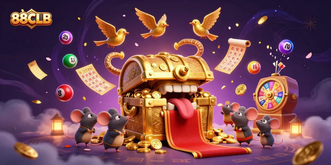 Engage with 88CLB in a vibrant lottery-themed casino illustration showcasing a treasure chest and dynamic gameplay elements.