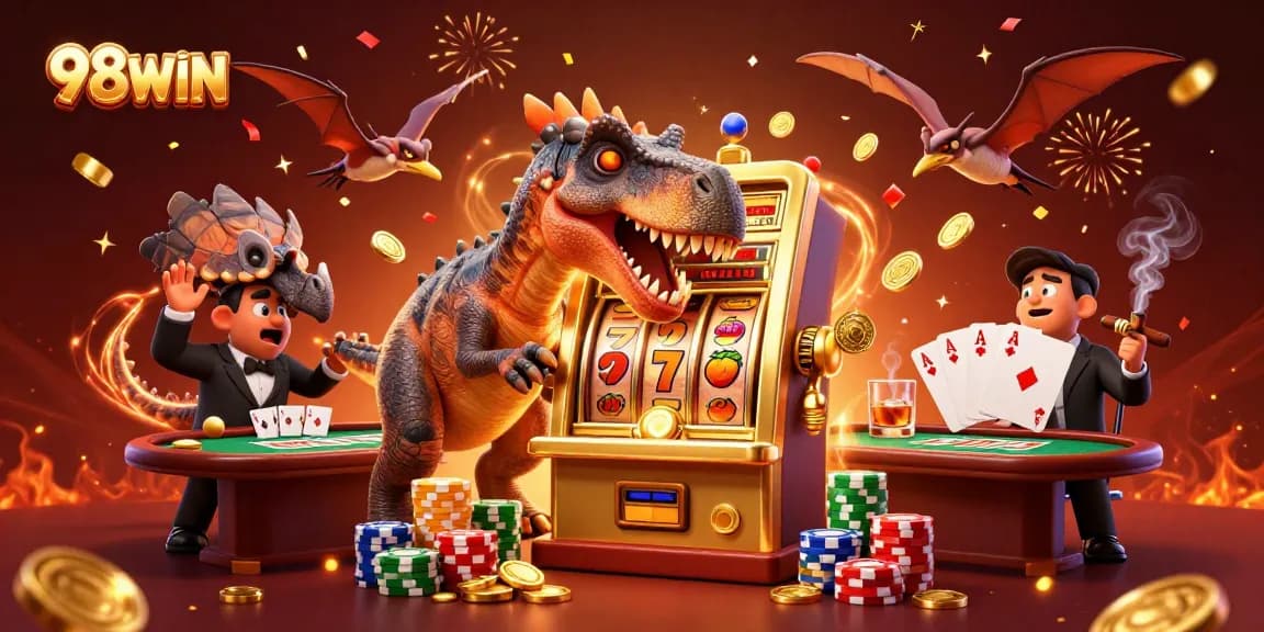 Win big with 98WIN as a pachycephalosaurus celebrates jackpot coins raining down!