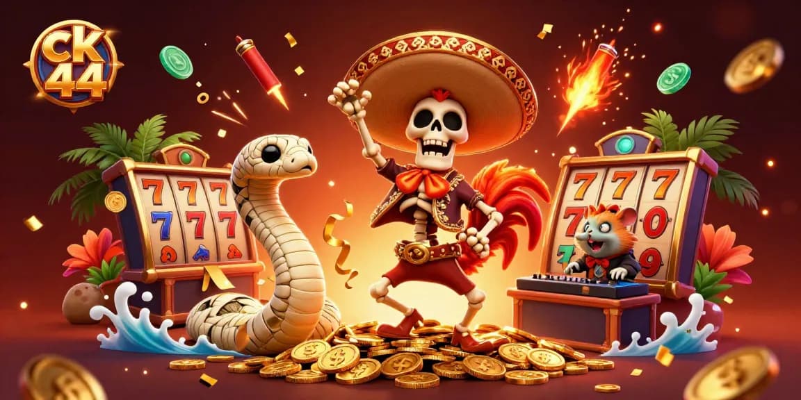 Engage in exciting slot games at ck 44 with a vibrant scene of characters celebrating amidst lucky symbols and golden coins.