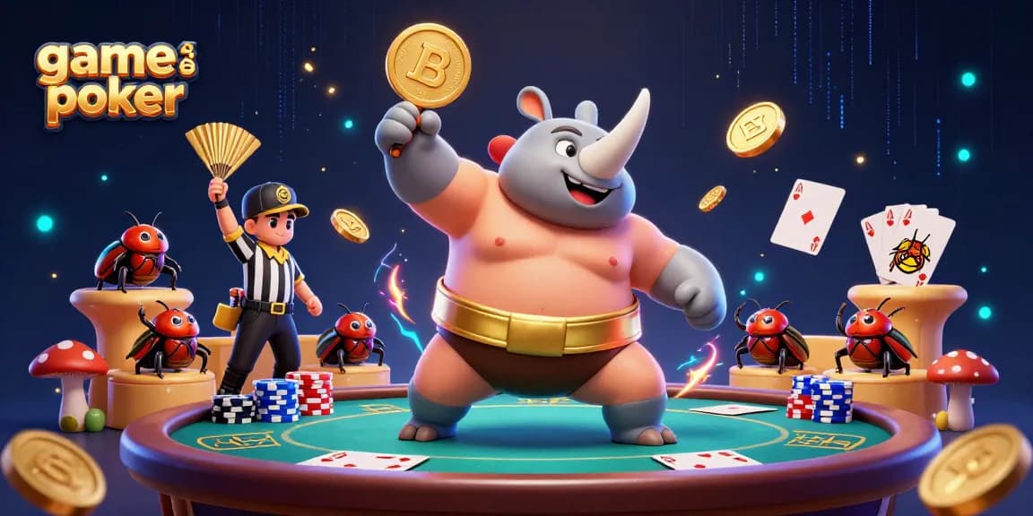 Engage in game bài poker with an exciting poker showdown featuring beetle champions and vibrant casino-themed elements.