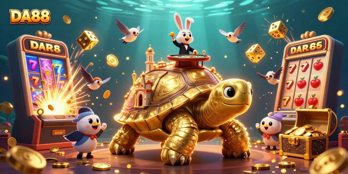 Spin slots with DA88 and witness a dazzling casino scene featuring a golden tortoise and treasures.