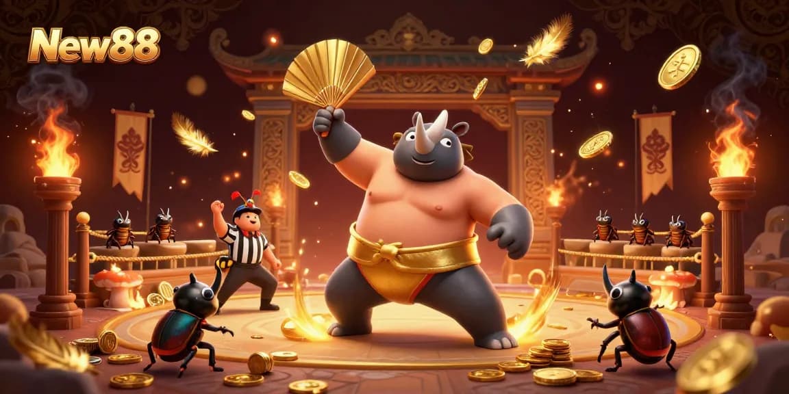 Experience New88 action with a sumo beetle champion amid golden coins and betting tokens.