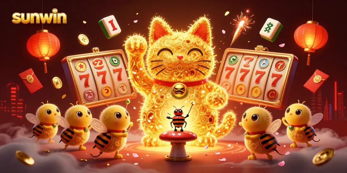 Experience sunwin's vibrant casino world with a magical lucky cat and festive symbols.