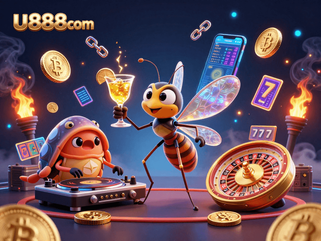 Engage with u888com in a vibrant casino atmosphere featuring a frozen mosquito mascot and a trilobite DJ.