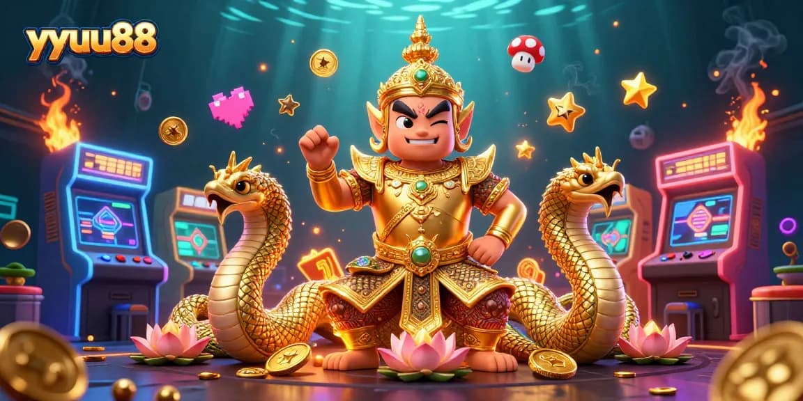 yyuu88 captivates players in a vibrant 3D casino scene with arcade elements and golden guardians.