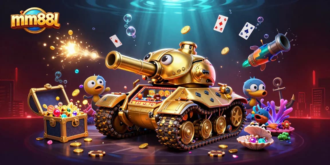 Experience mm88l's vibrant golden beetle tank casino with tiny patrons and sparkling elements