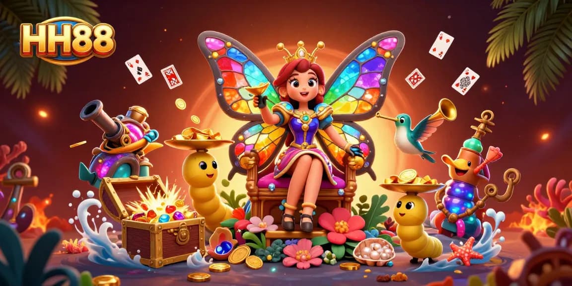 Experience thrilling gaming at HH88 with a vibrant scene of a butterfly queen amidst treasure and excitement.
