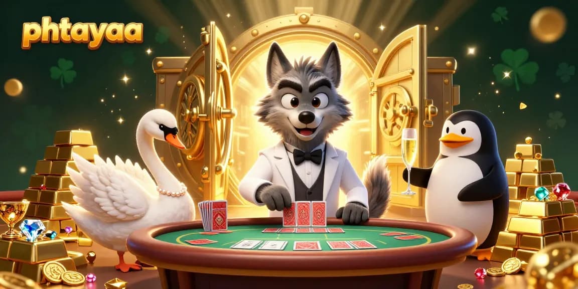 Experience the thrill of phtayaa with a debonair wolf and elegant characters at a vibrant casino table.