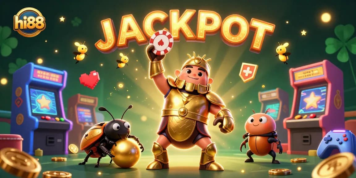 Join hi88’s thrilling experience with the victorious beetle lifting a poker chip in a vibrant casino scene.
