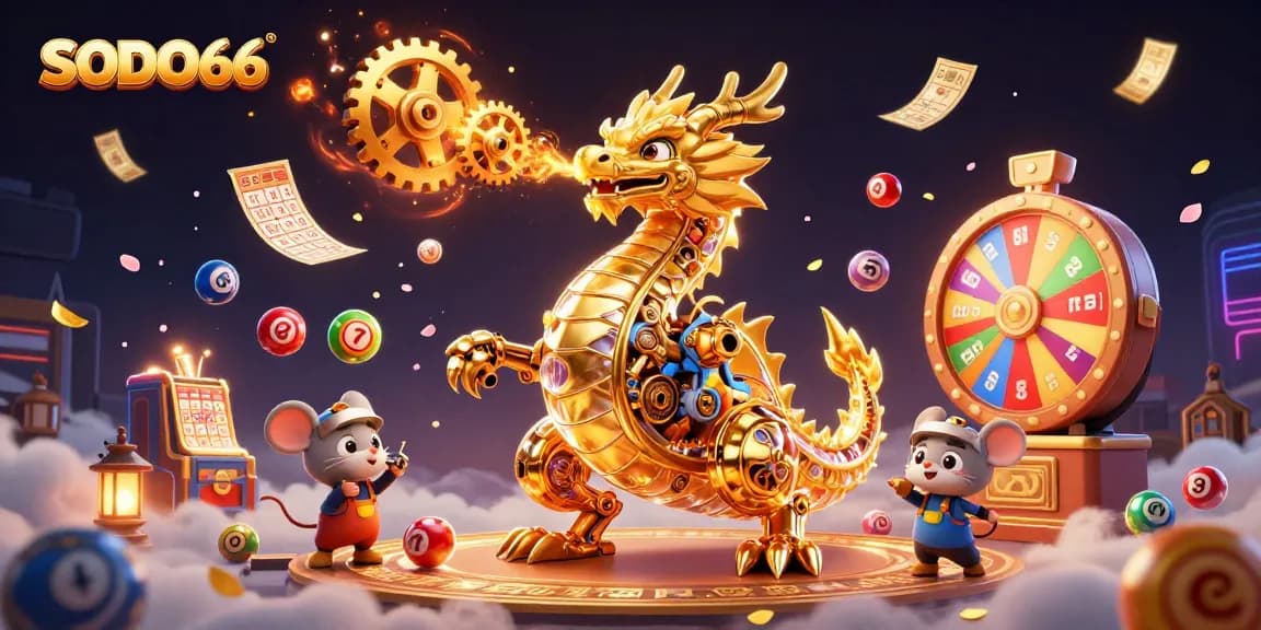SODO66 showcases a mesmerizing 3D scene featuring a biomechanical dragon amidst vibrant gambling elements, including lottery balls and bingo cards.
